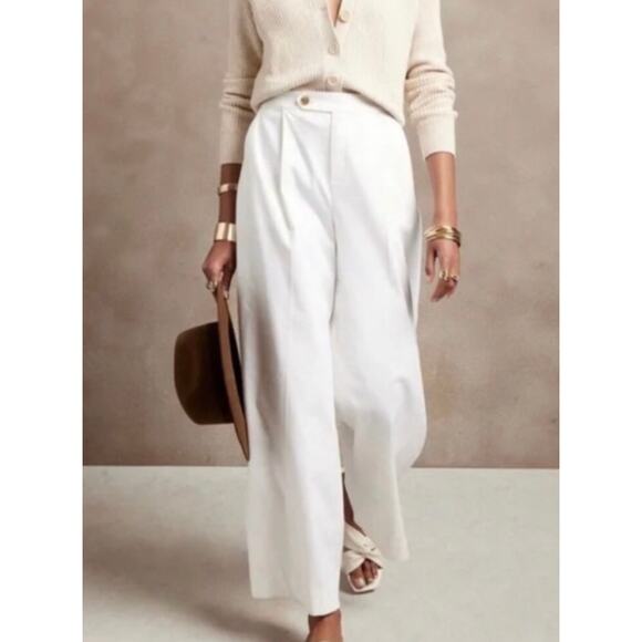 NWT Banana Republic White Linen Cotton Blend Wide Leg Pleated Pants 8 Petite** - Picture 1 of 16